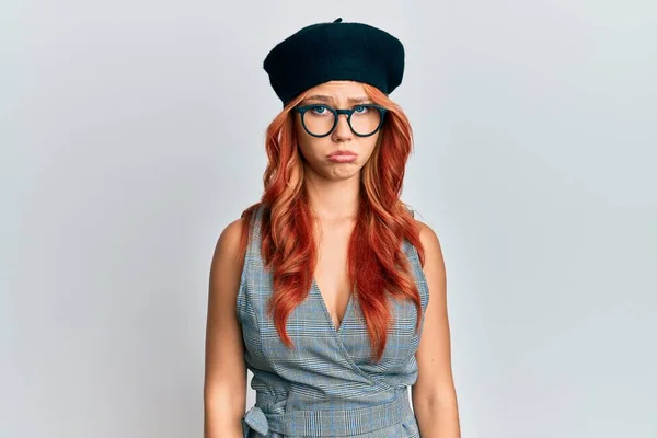 Young Redhead Woman Wearing Fashion French Look Beret Depressed Worry — Stock Photo, Image