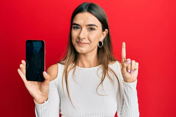 Young Hispanic Woman Holding Smartphone Showing Blank Screen Smiling Idea — Foto Stock