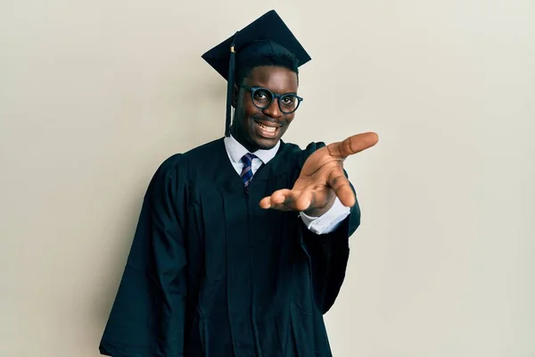 Handsome Black Man Wearing Graduation Cap Ceremony Robe Smiling Cheerful — Stock Photo, Image