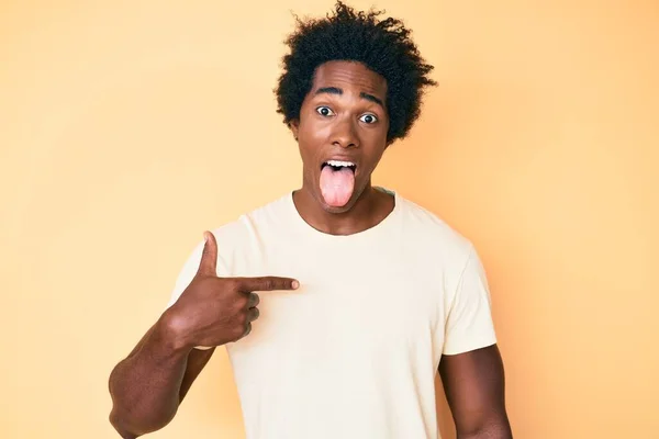 Handsome African American Man Afro Hair Pointing Fingers Himself Sticking — Stock Photo, Image