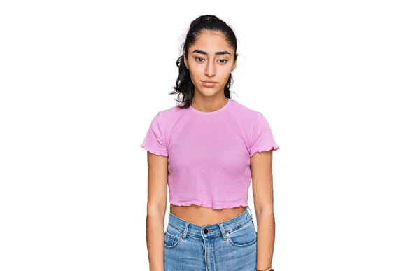 Hispanic Teenager Girl Dental Braces Wearing Casual Clothes Looking Sleepy — 스톡 사진