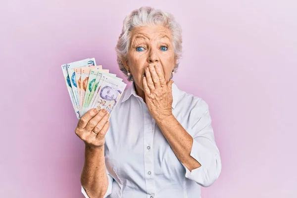 Senior Grey Haired Woman Holding Singapore Dollars Banknotes Covering Mouth — Stock fotografie