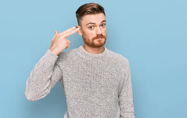 Young Redhead Man Wearing Casual Winter Sweater Shooting Killing Oneself — Fotografia de Stock