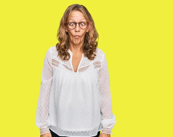 Middle Age Blonde Woman Wearing Casual White Shirt Glasses Making — Stok fotoğraf