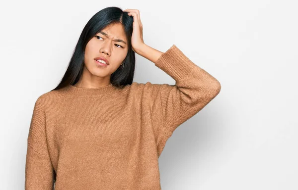 Beautiful Young Asian Woman Wearing Casual Winter Sweater Confuse Wonder — Stock Photo, Image