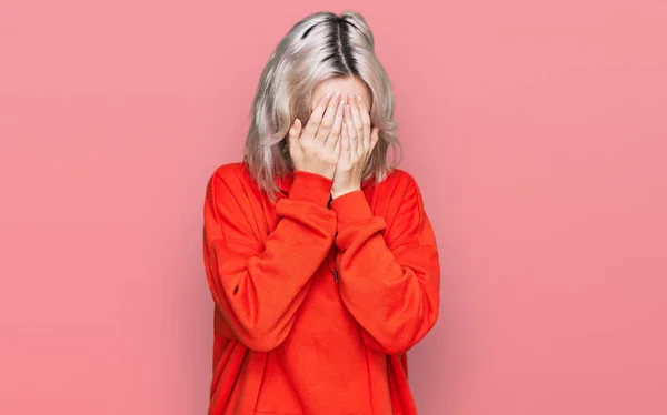 Young Blonde Girl Wearing Casual Clothes Sad Expression Covering Face — Stock Photo, Image