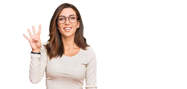 Joven Morena Vestida Con Ropa Casual Gafas Mostrando Apuntando Hacia — Foto de Stock