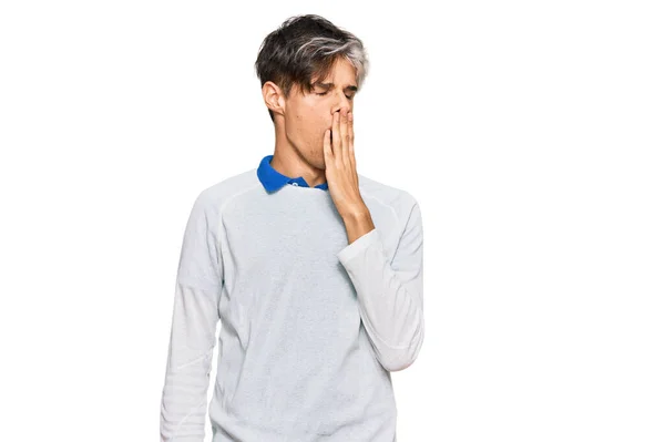 Young Hispanic Man Wearing Casual Clothes Bored Yawning Tired Covering — Stock Photo, Image