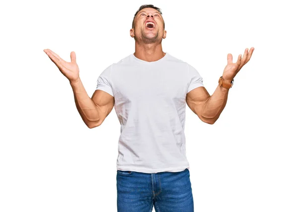 Handsome Muscle Man Wearing Casual White Tshirt Crazy Mad Shouting — Stock Photo, Image