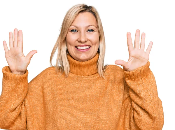 Middle Age Caucasian Woman Wearing Casual Winter Sweater Showing Pointing — Stock Photo, Image