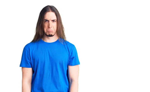 Young Adult Man Long Hair Wearing Swimwear Depressed Worry Distress — Stock Photo, Image