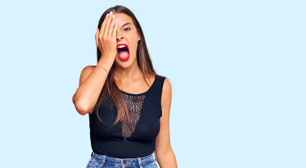 Young Hispanic Woman Wearing Casual Clothes Yawning Tired Covering Half — Stock Photo, Image