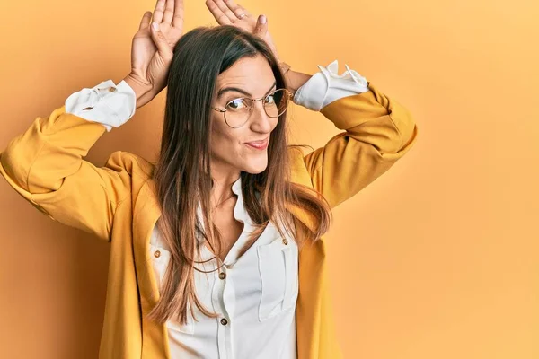 Young Beautiful Woman Wearing Business Style Glasses Doing Bunny Ears — Stock Photo, Image