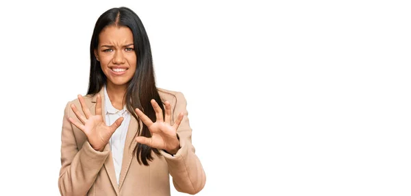 Beautiful Hispanic Woman Wearing Business Jacket Disgusted Expression Displeased Fearful — Stock Photo, Image