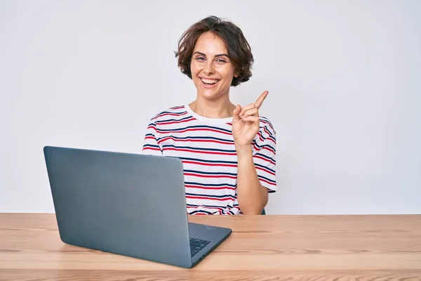 在办公室里用笔记本电脑工作的年轻的惊慌失措的女人惊讶于一个想法或问题 她满脸喜形于色 指手画脚 排在第一位 — 图库照片