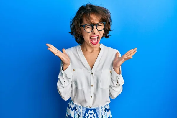 Young Brunette Woman Wearing Casual Clothes Glasses Celebrating Mad Crazy — Stock Photo, Image