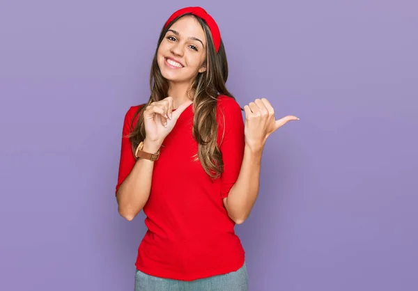 Young Brunette Woman Wearing Casual Clothes Pointing Back Hand Thumbs — Stock Photo, Image