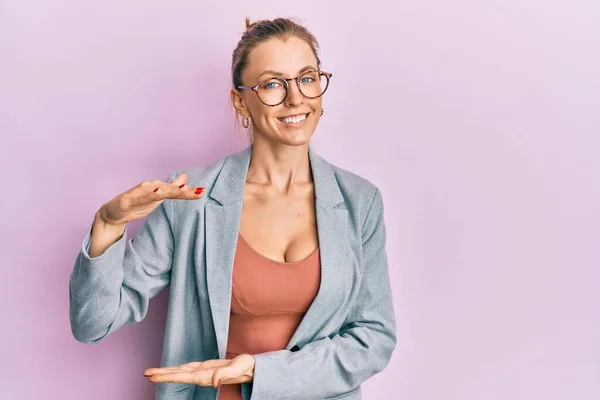 Beautiful Caucasian Woman Wearing Business Jacket Glasses Gesturing Hands Showing — Stock Photo, Image