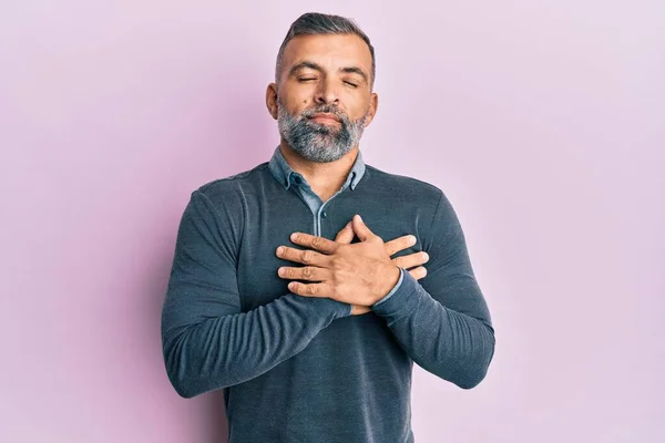 Middle Age Handsome Man Wearing Casual Clothes Smiling Hands Chest — Stock Photo, Image