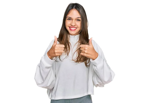 Young Brunette Woman Wearing Casual Turtleneck Sweater Success Sign Doing — Stock Photo, Image