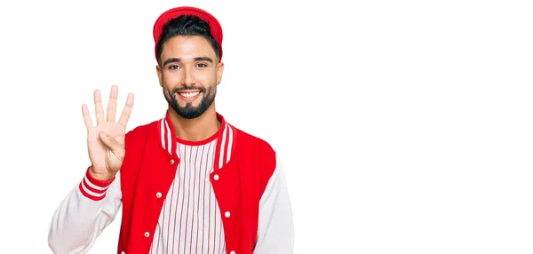 Giovane Con Barba Che Indossa Uniforme Baseball Mostrando Indicando Con — Foto Stock