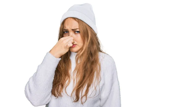 Young Caucasian Girl Wearing Wool Sweater Winter Cap Smelling Something — Stock Photo, Image