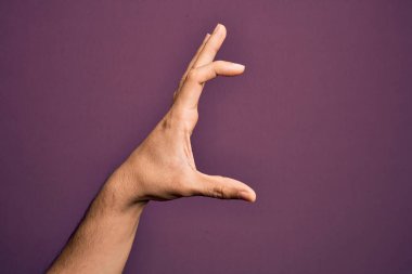 İzole edilmiş mor arka plan üzerinde parmaklarını gösteren beyaz bir adamın eli. Görünmez bir şeyi alıyor, parmakları boşluğu gösteren bir nesneyi tutuyor.