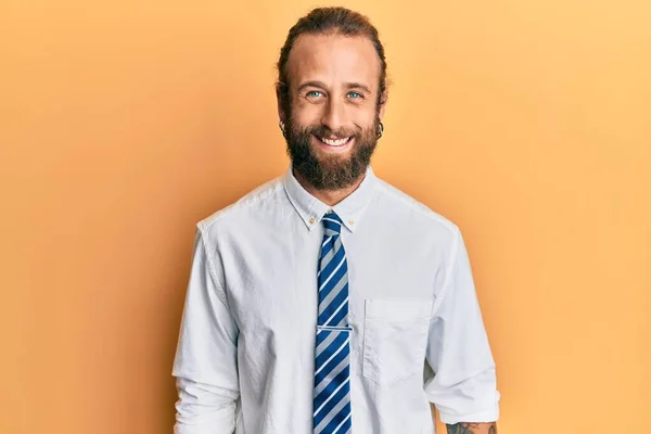 Handsome Man Beard Long Hair Wearing Business Clothes Happy Cool — Stock Photo, Image