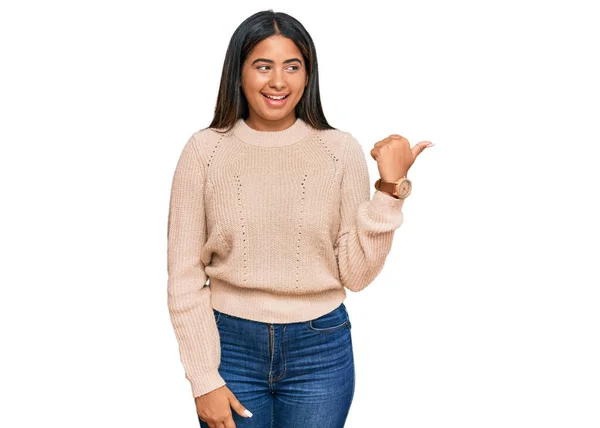 Young Latin Girl Wearing Wool Winter Sweater Smiling Happy Face — Stock Photo, Image