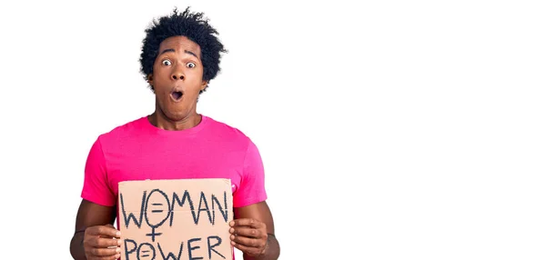 Handsome African American Man Afro Hair Holding Woman Power Banner — Stock Photo, Image