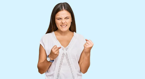 Young Caucasian Woman Wearing Casual Clothes Excited Success Arms Raised — Stock Photo, Image