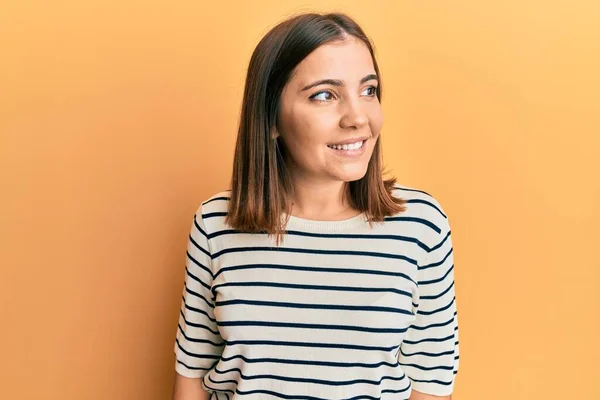 Young Beautiful Woman Wearing Casual Striped Shirt Looking Side Relax — Stok fotoğraf