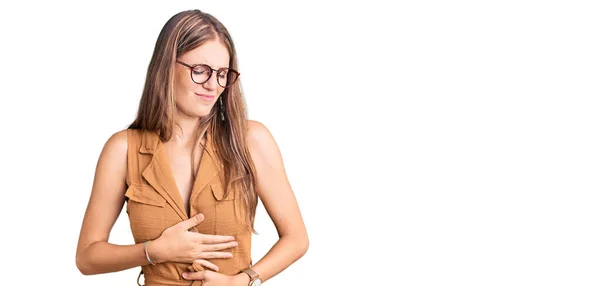 Young Beautiful Blonde Woman Wearing Casual Clothes Glasses Hand Stomach — Stock Photo, Image