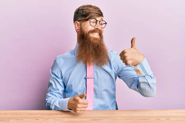 Young Irish Redhead Man Wearing Business Shirt Tie Sitting Table — 스톡 사진