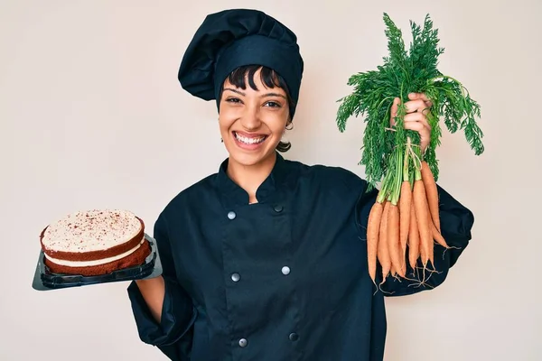 Beautiful Brunettte Woman Chef Cooking Carrot Cake Smiling Happy Cool — Stock Photo, Image