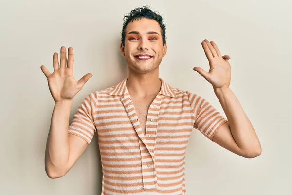 Handsome Man Wearing Make Wearing Casual Shirt Showing Pointing Fingers — Stock Photo, Image