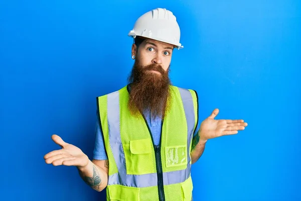 Redhead Man Long Beard Wearing Safety Helmet Reflective Jacket Clueless — 图库照片