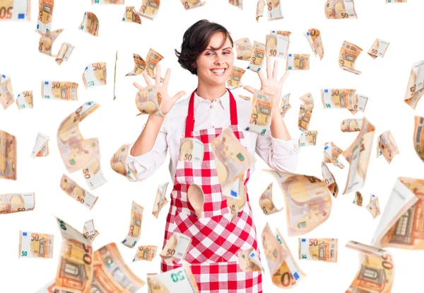 Beautiful Young Woman Short Hair Wearing Professional Cook Apron Showing — Stock Photo, Image