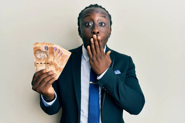 Handsome Young Black Man Wearing Business Suit Holding Rands Banknotes — Stockfoto