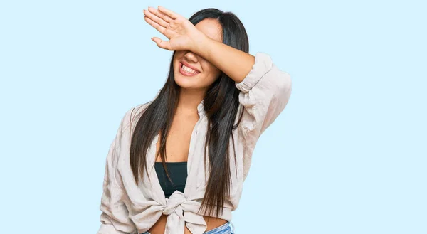 Young Beautiful Hispanic Girl Wearing Casual Clothes Covering Eyes Arm — Stock Photo, Image