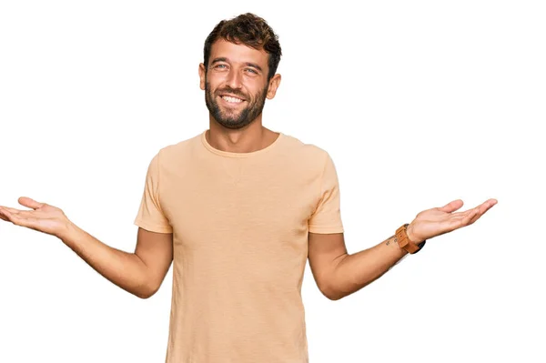 Handsome Young Man Beard Wearing Casual Tshirt Smiling Showing Both — Foto de Stock