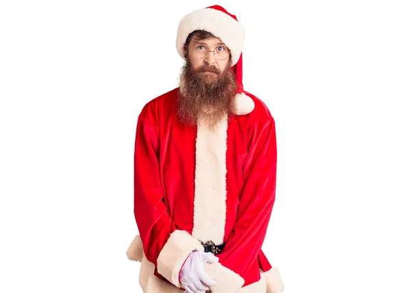 Handsome Young Red Head Man Long Beard Wearing Santa Claus — Stok fotoğraf