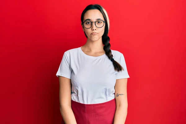 Young Hispanic Woman Wearing Professional Waitress Apron Depressed Worry Distress —  Fotos de Stock