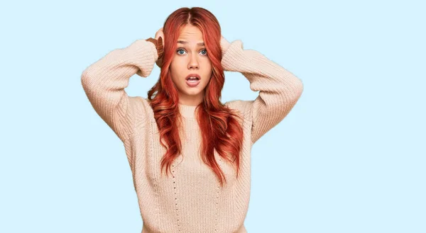 Young Redhead Woman Wearing Casual Winter Sweater Crazy Scared Hands — Zdjęcie stockowe