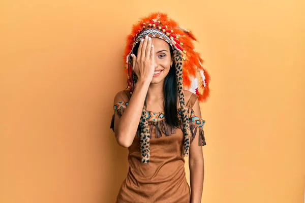 Young Brunette Woman Wearing Indian Costume Covering One Eye Hand —  Fotos de Stock