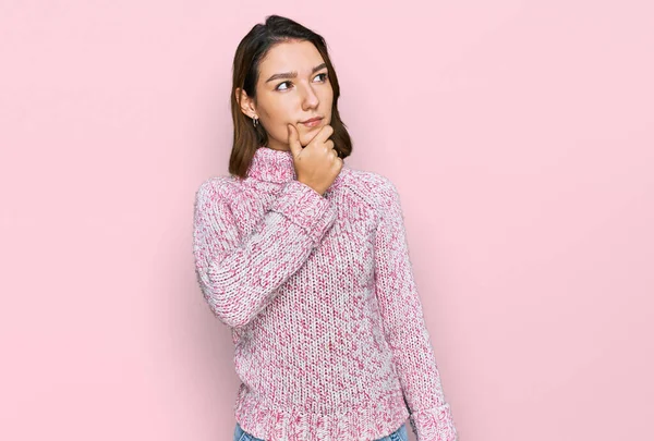 Young Caucasian Girl Wearing Wool Winter Sweater Hand Chin Thinking — Zdjęcie stockowe