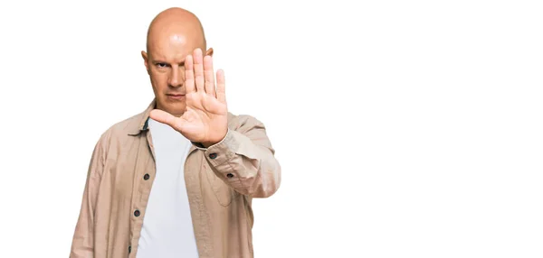 Middle Age Bald Man Wearing Casual Clothes Doing Stop Sing — Stock Photo, Image