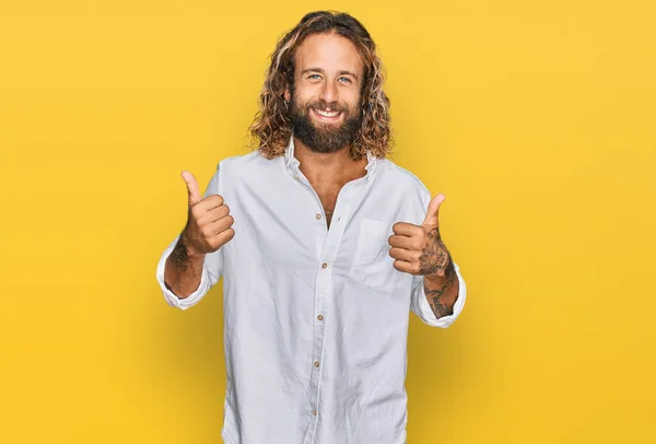 Handsome Man Beard Long Hair Wearing Casual Clothes Success Sign — Stock fotografie