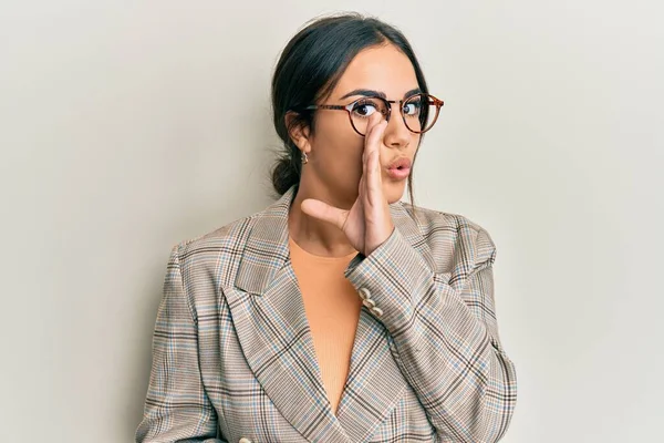 Young Brunette Woman Wearing Business Jacket Glasses Hand Mouth Telling — 스톡 사진