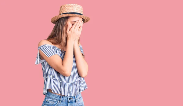 Young Beautiful Girl Wearing Hat Shirt Sad Expression Covering Face — Stock Photo, Image